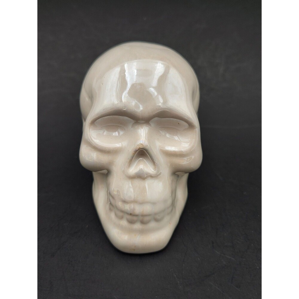 White Iridescent Glazed Ceramic Skull Skeleton Head Halloween Decor‎